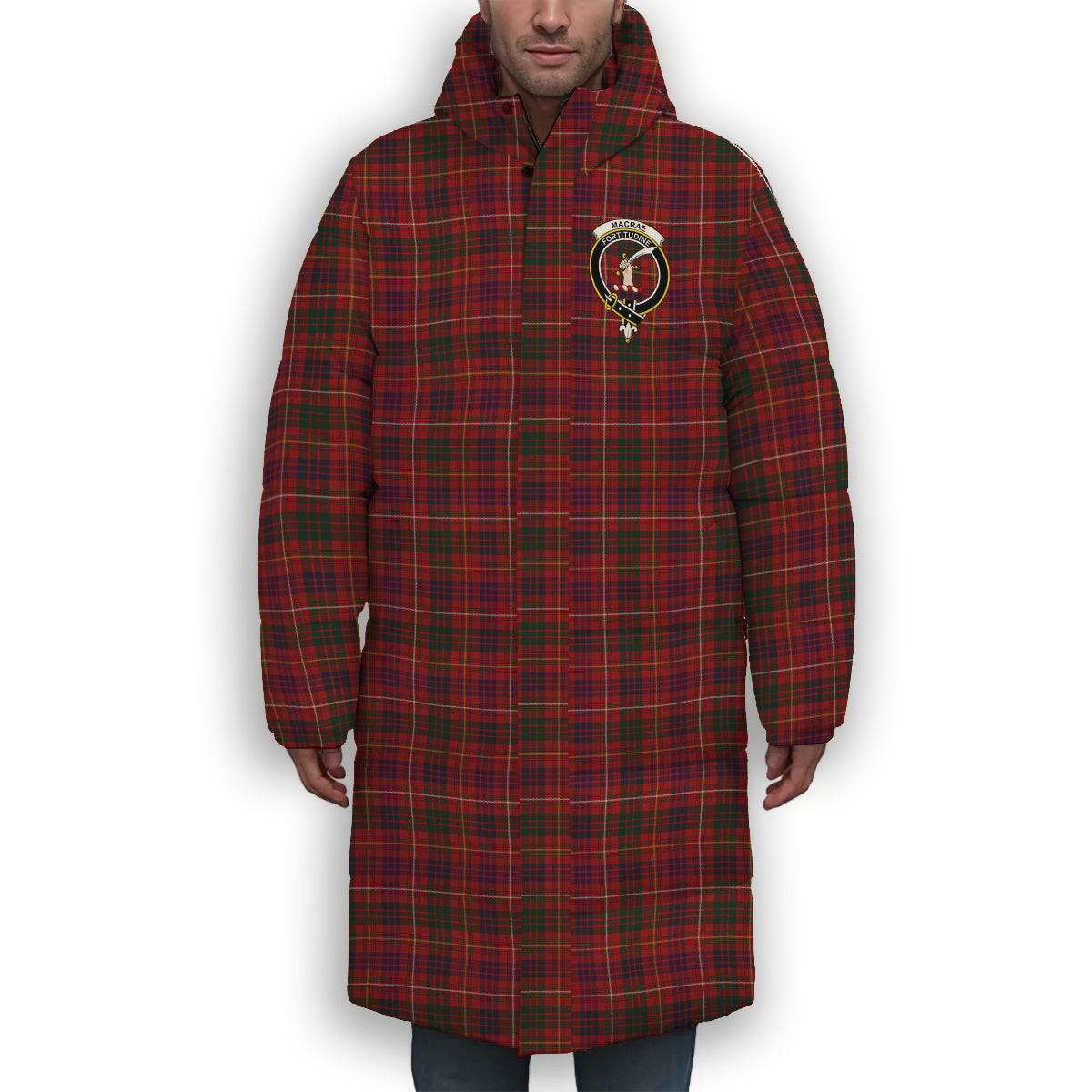 ScotsTee Shop Scottish MacRae of Inverinate Crest Tartan Long Down Jacket Winter White Duck Down Plaid