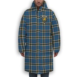 ScotsTee Shop Scottish Thomson Dress Blue Modern Crest Tartan Long Down Jacket Winter White Duck Down Plaid