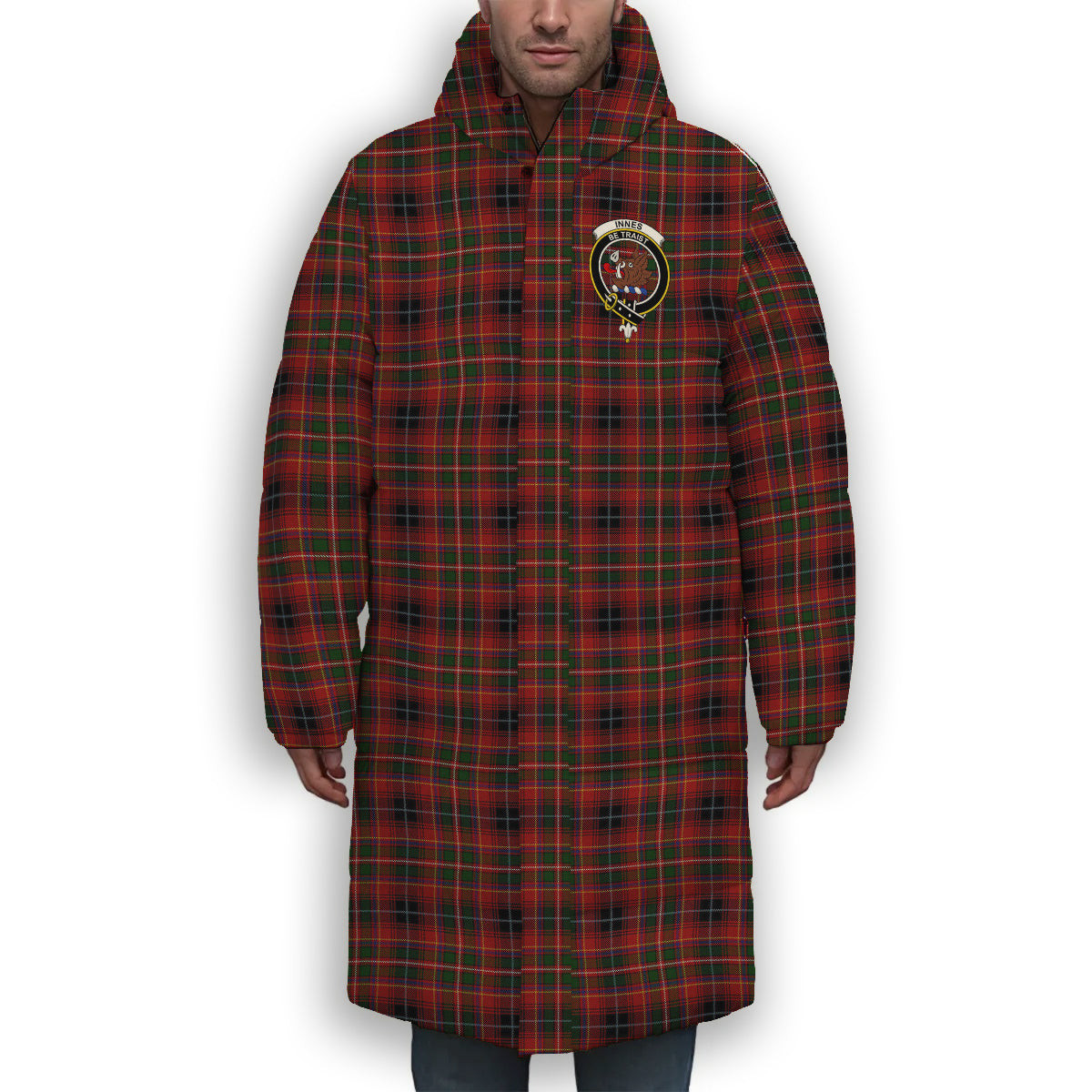 ScotsTee Shop Scottish Innes of Moray Crest Tartan Long Down Jacket Winter White Duck Down Plaid