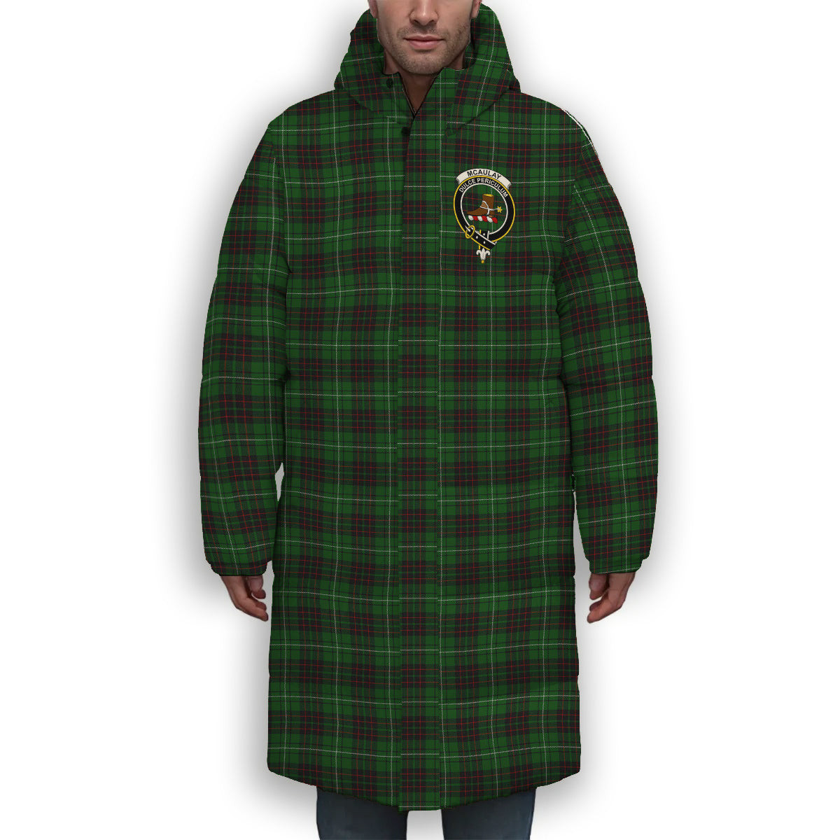 ScotsTee Shop Scottish McAulay of Lewis Crest Tartan Long Down Jacket Winter White Duck Down Plaid