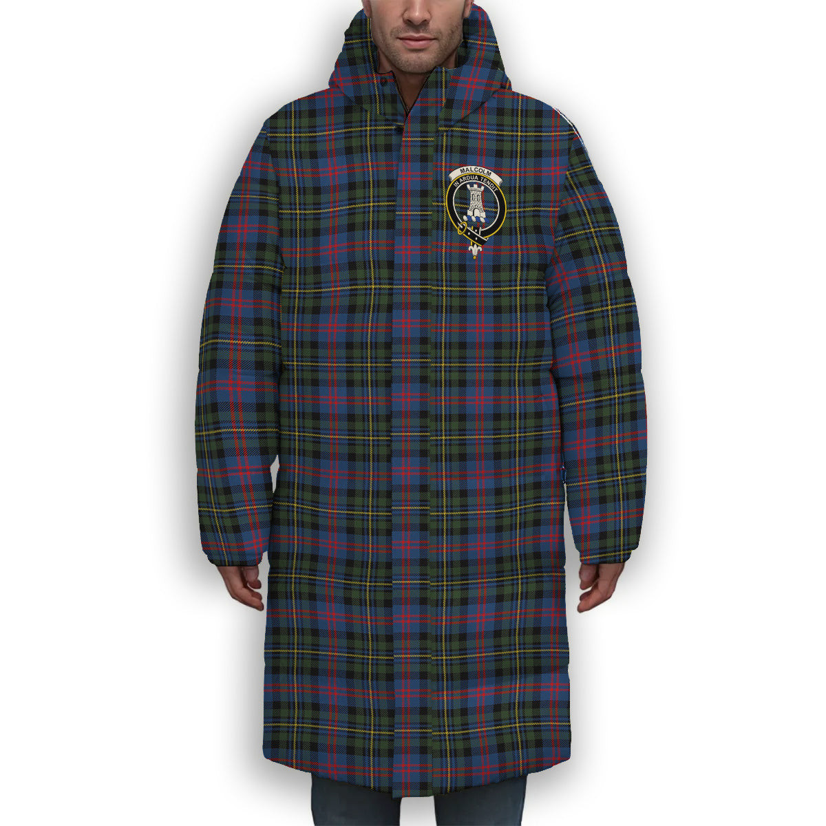 ScotsTee Shop Scottish Malcolm of Berwick Modern Crest Tartan Long Down Jacket Winter White Duck Down Plaid