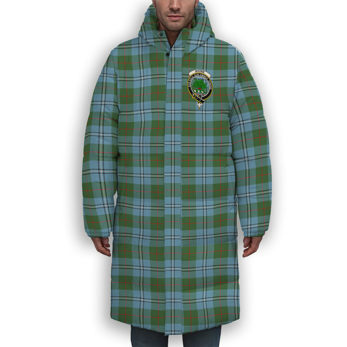 ScotsTee Shop Scottish Irvine of Glentulchan Modern Crest Tartan Long Down Jacket Winter White Duck Down Plaid