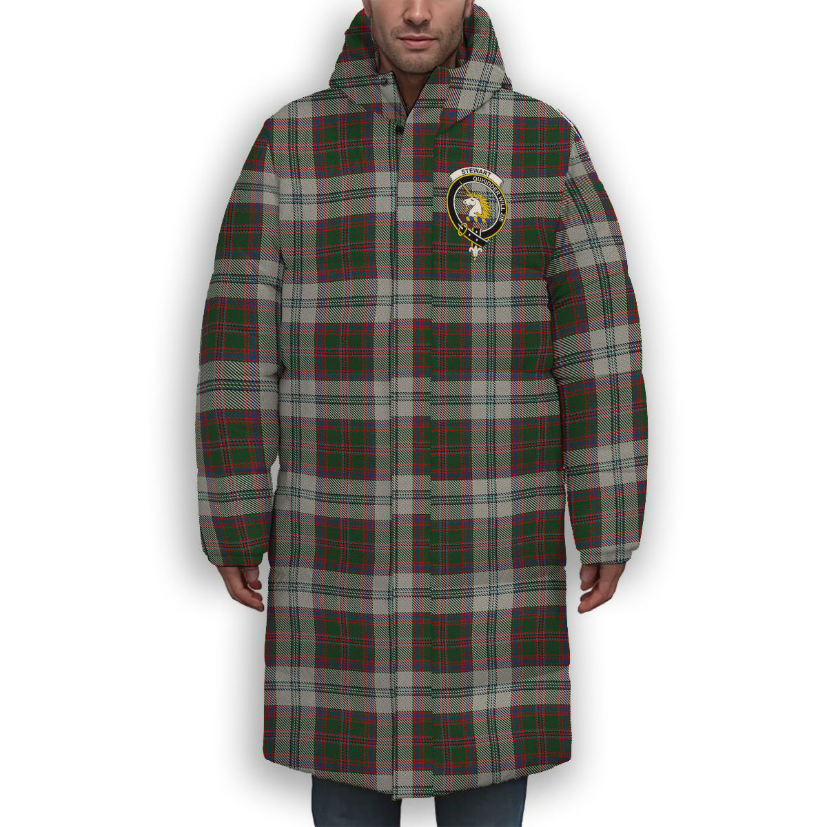 ScotsTee Shop Scottish Stewart of Appin Dress Crest Tartan Long Down Jacket Winter White Duck Down Plaid