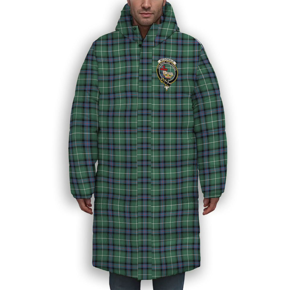 ScotsTee Shop Scottish McDonald of the Isles Hunting Ancient Crest Tartan Long Down Jacket Winter White Duck Down Plaid