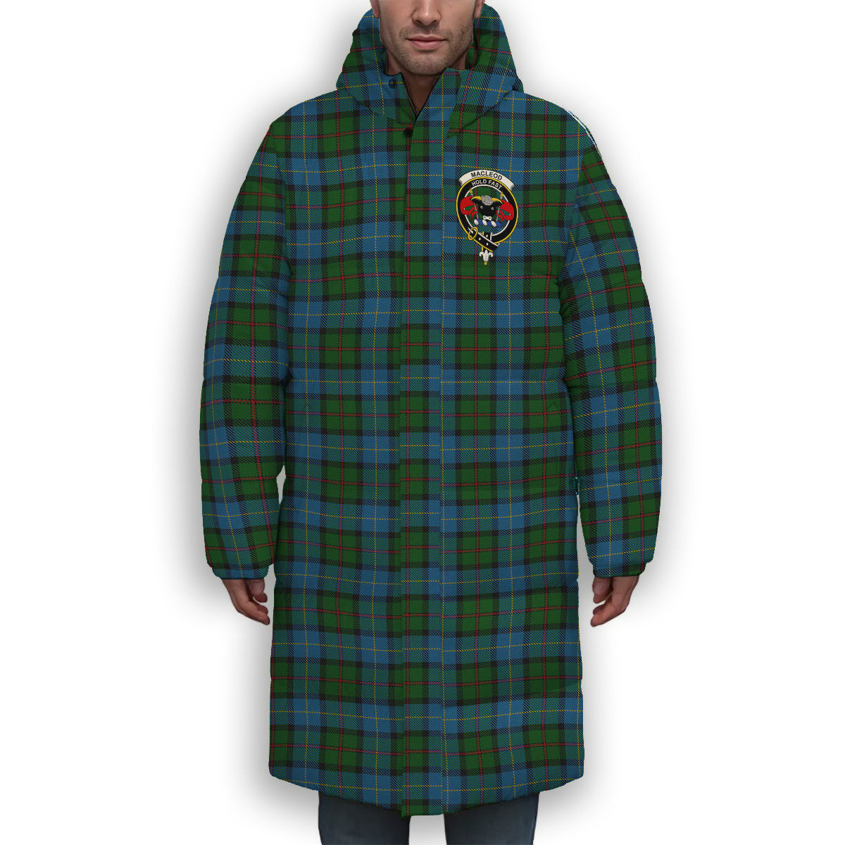 ScotsTee Shop Scottish MacLeod of Assynt Crest Tartan Long Down Jacket Winter White Duck Down Plaid