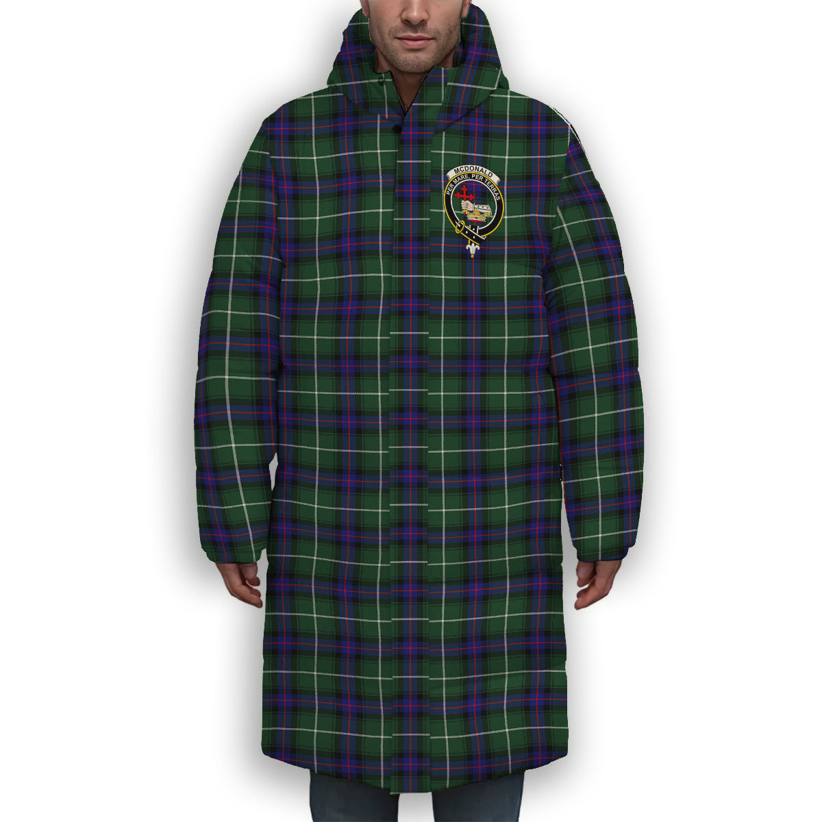 ScotsTee Shop Scottish McDonald of the Isles Hunting Modern Crest Tartan Long Down Jacket Winter White Duck Down Plaid