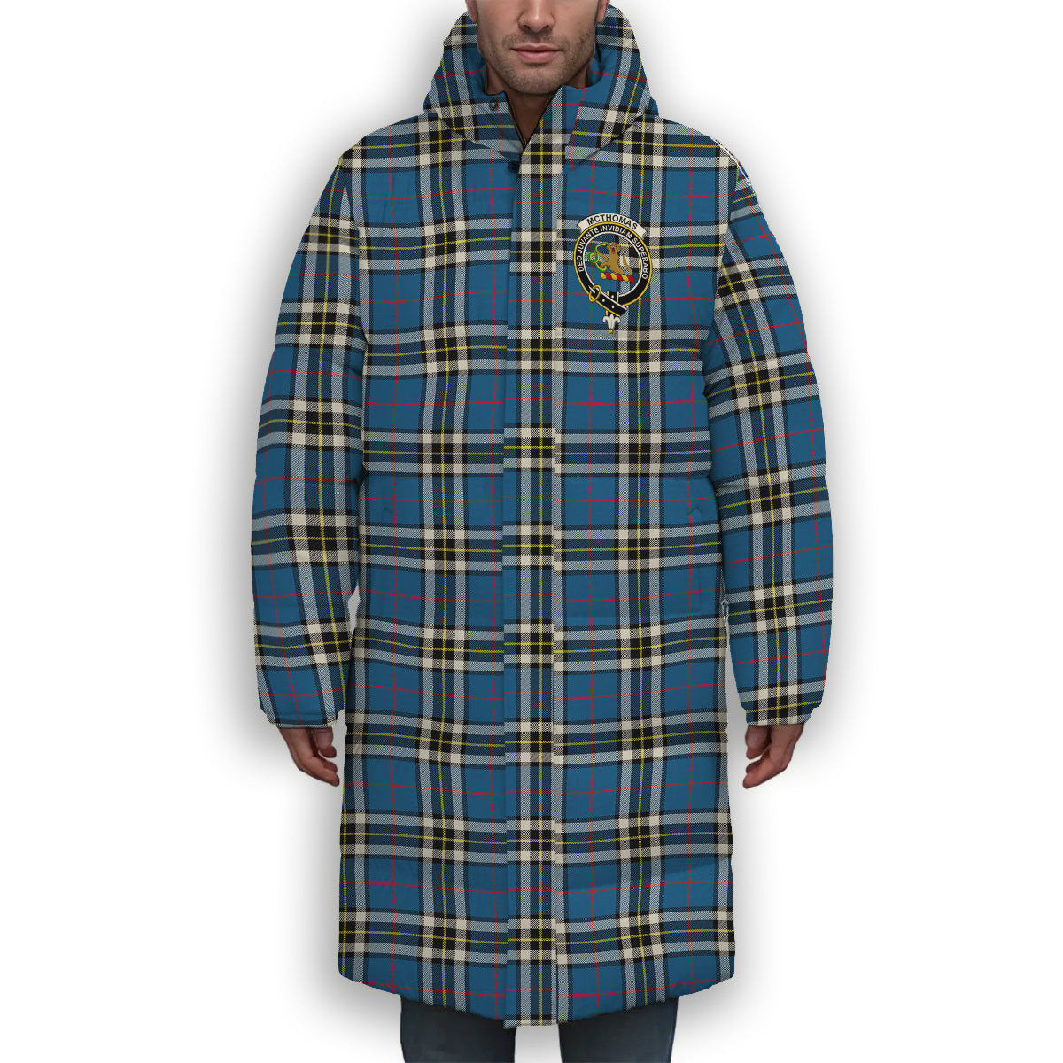 ScotsTee Shop Scottish McThomas Blue Modern Crest Tartan Long Down Jacket Winter White Duck Down Plaid