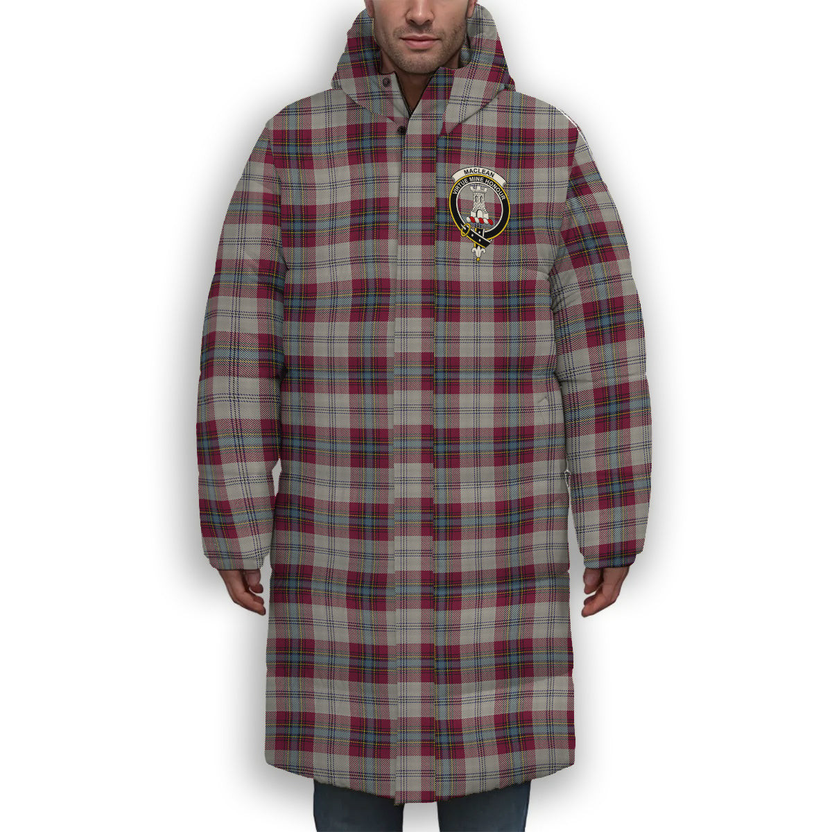 ScotsTee Shop Scottish MacLean of Duart Dress 4 Crest Tartan Long Down Jacket Winter White Duck Down Plaid