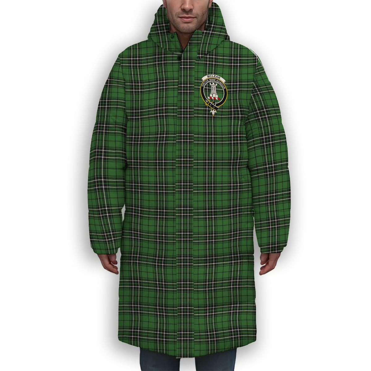 ScotsTee Shop Scottish McLean of Duart Hunting Ancient Crest Tartan Long Down Jacket Winter White Duck Down Plaid