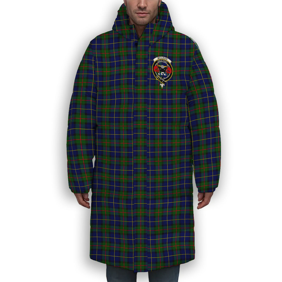 ScotsTee Shop Scottish McLeod of Harris Modern Crest Tartan Long Down Jacket Winter White Duck Down Plaid