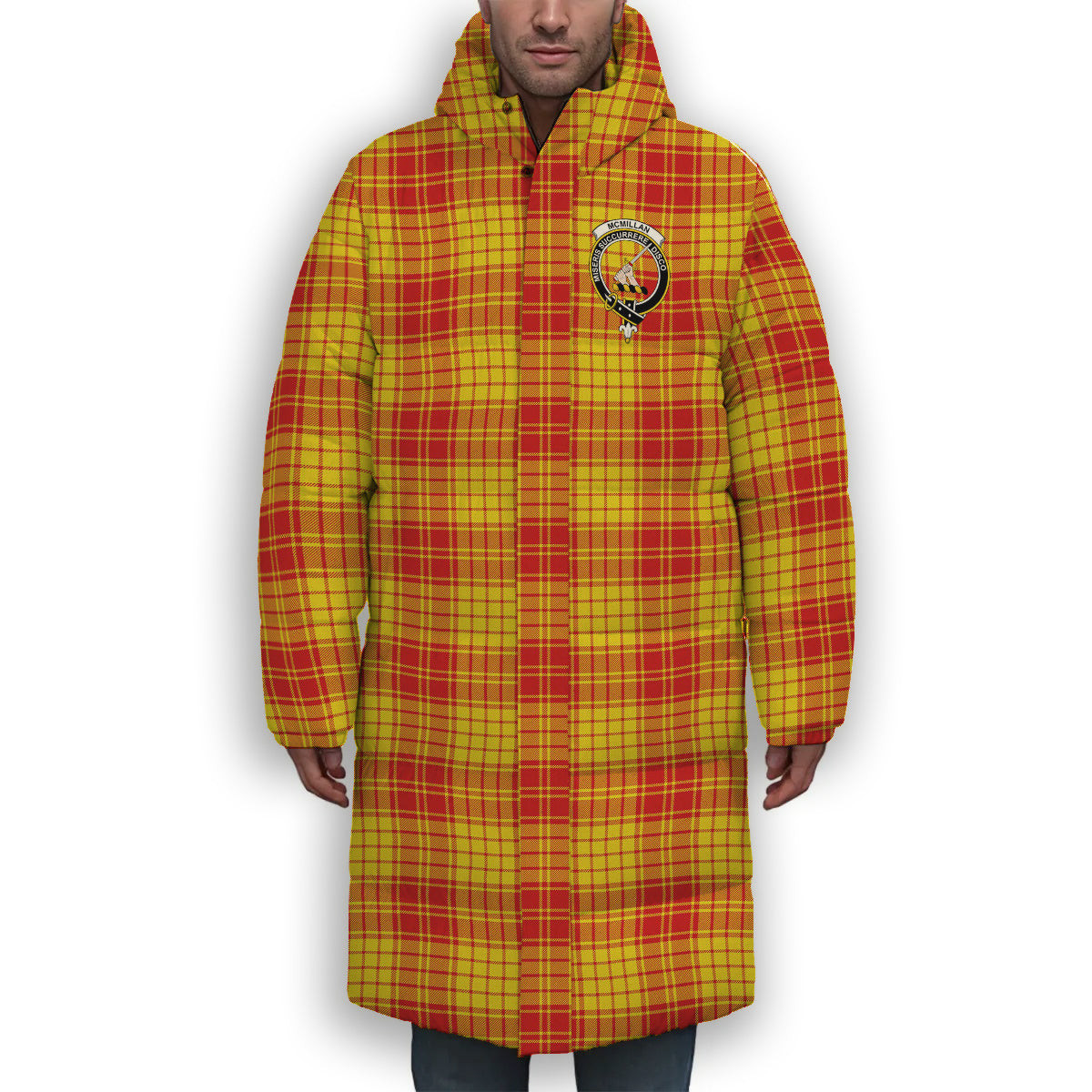 ScotsTee Shop Scottish McMillan Dress Modern Crest Tartan Long Down Jacket Winter White Duck Down Plaid