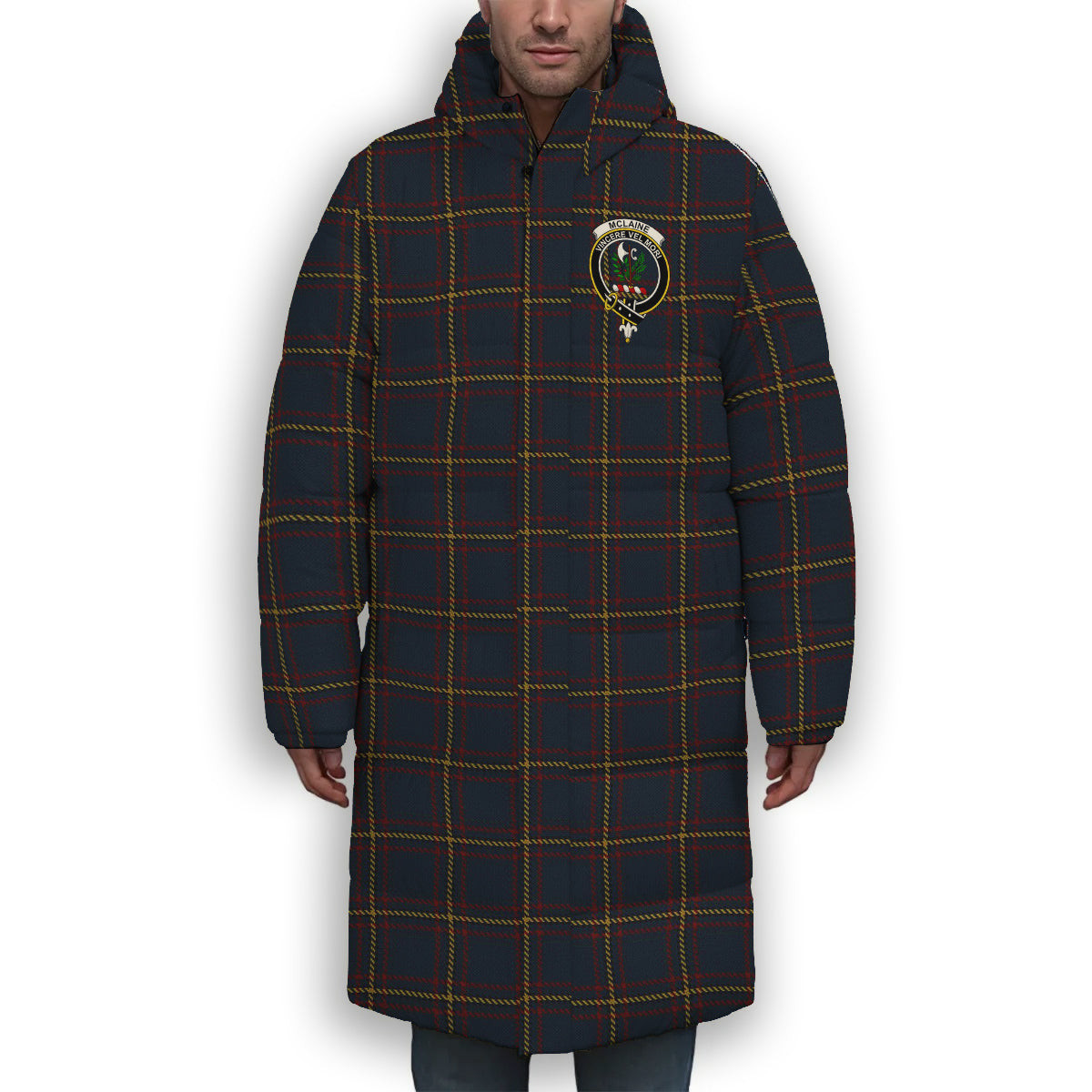 ScotsTee Shop Scottish McLaine of Lochbuie Hunting Crest Tartan Long Down Jacket Winter White Duck Down Plaid
