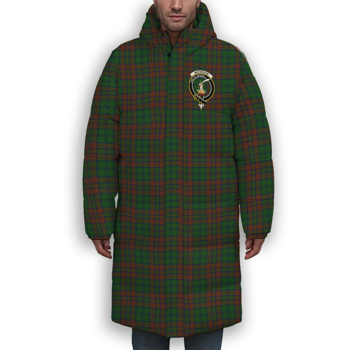ScotsTee Shop Scottish Matheson Hunting Highland Crest Tartan Long Down Jacket Winter White Duck Down Plaid