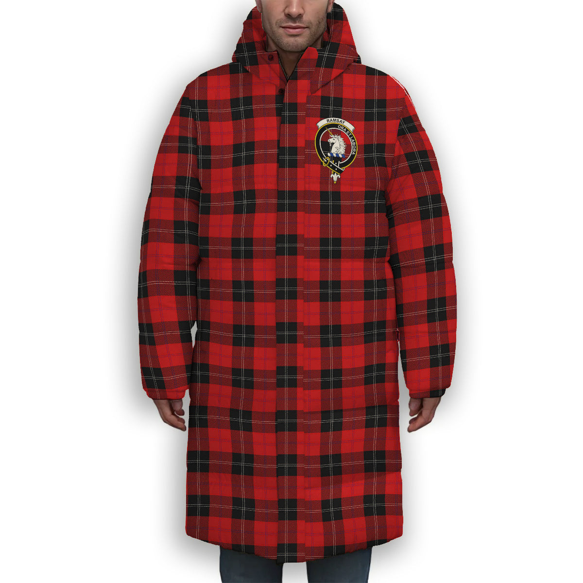ScotsTee Shop Scottish Ramsay of Dalhousie (Ramsay Red) Modern Crest Tartan Long Down Jacket Winter White Duck Down Plaid