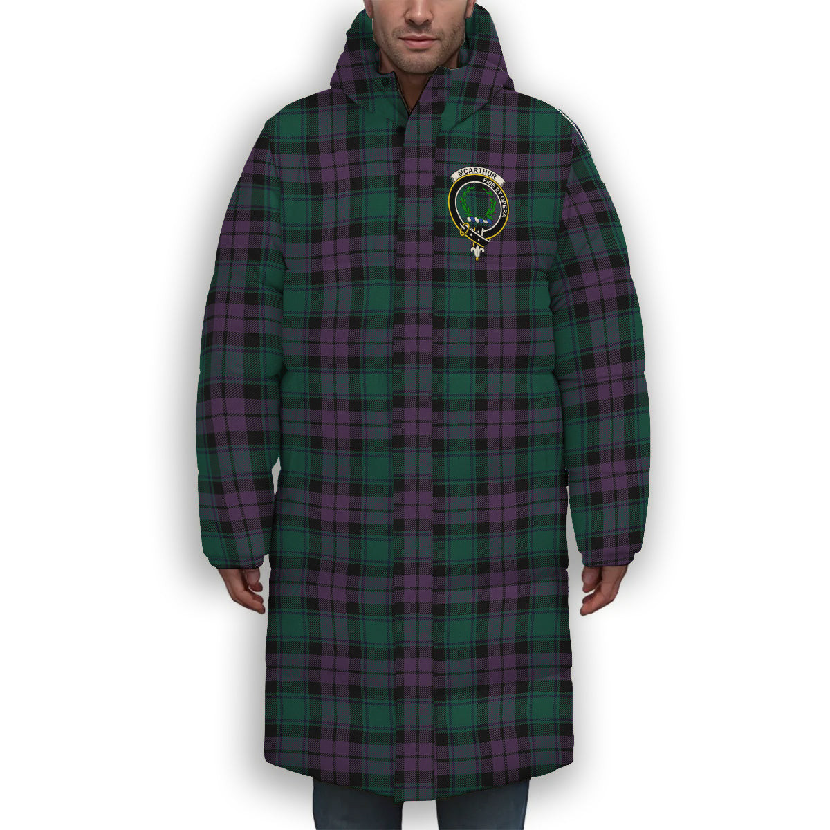 ScotsTee Shop Scottish McArthur of Milton Modern Crest Tartan Long Down Jacket Winter White Duck Down Plaid