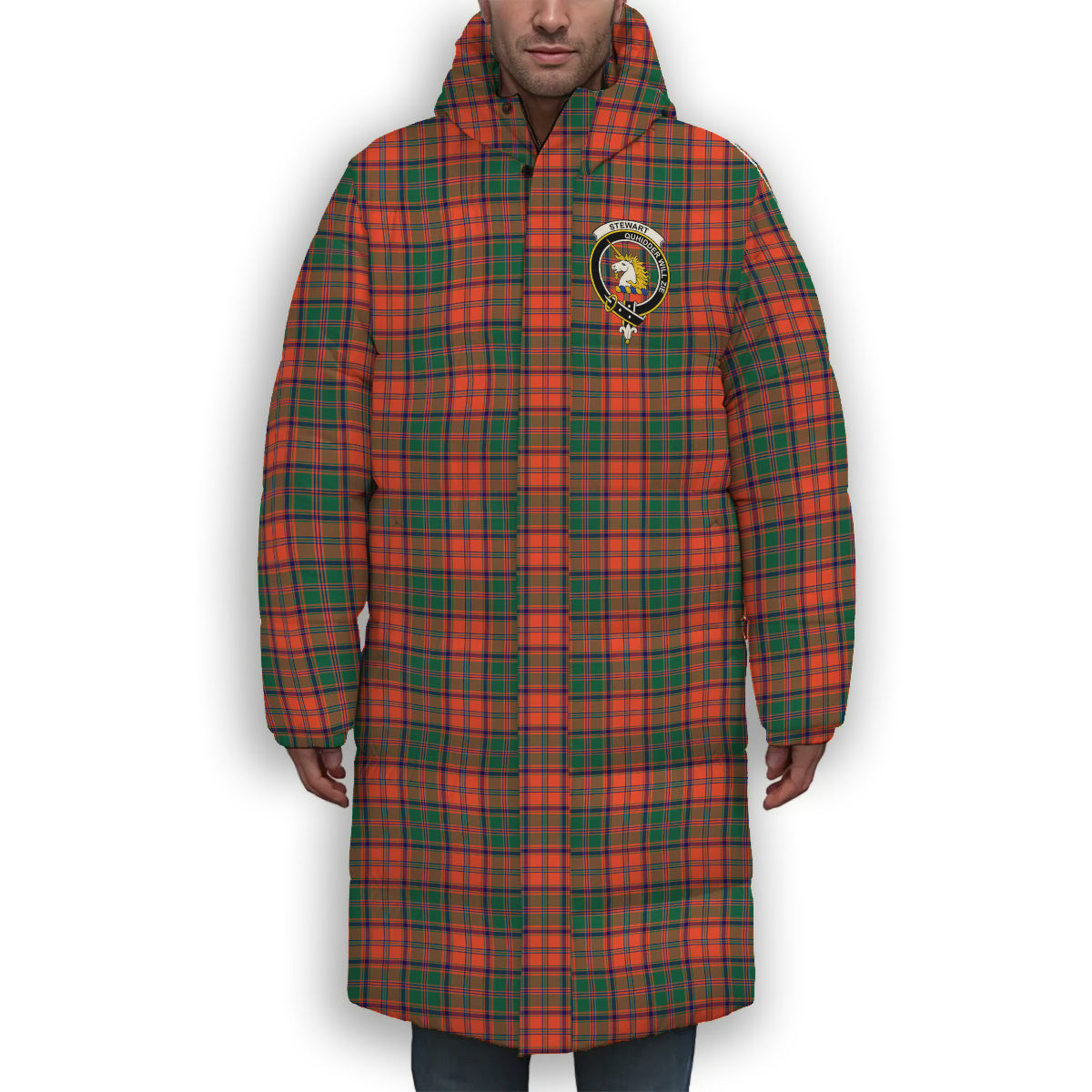 ScotsTee Shop Scottish Stewart of Appin Ancient Crest Tartan Long Down Jacket Winter White Duck Down Plaid