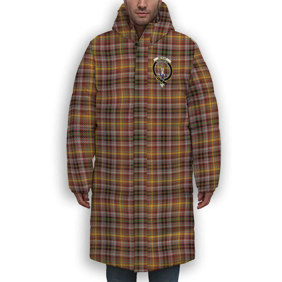 ScotsTee Shop Scottish McKay of Strathnaver Ancient Crest Tartan Long Down Jacket Winter White Duck Down Plaid