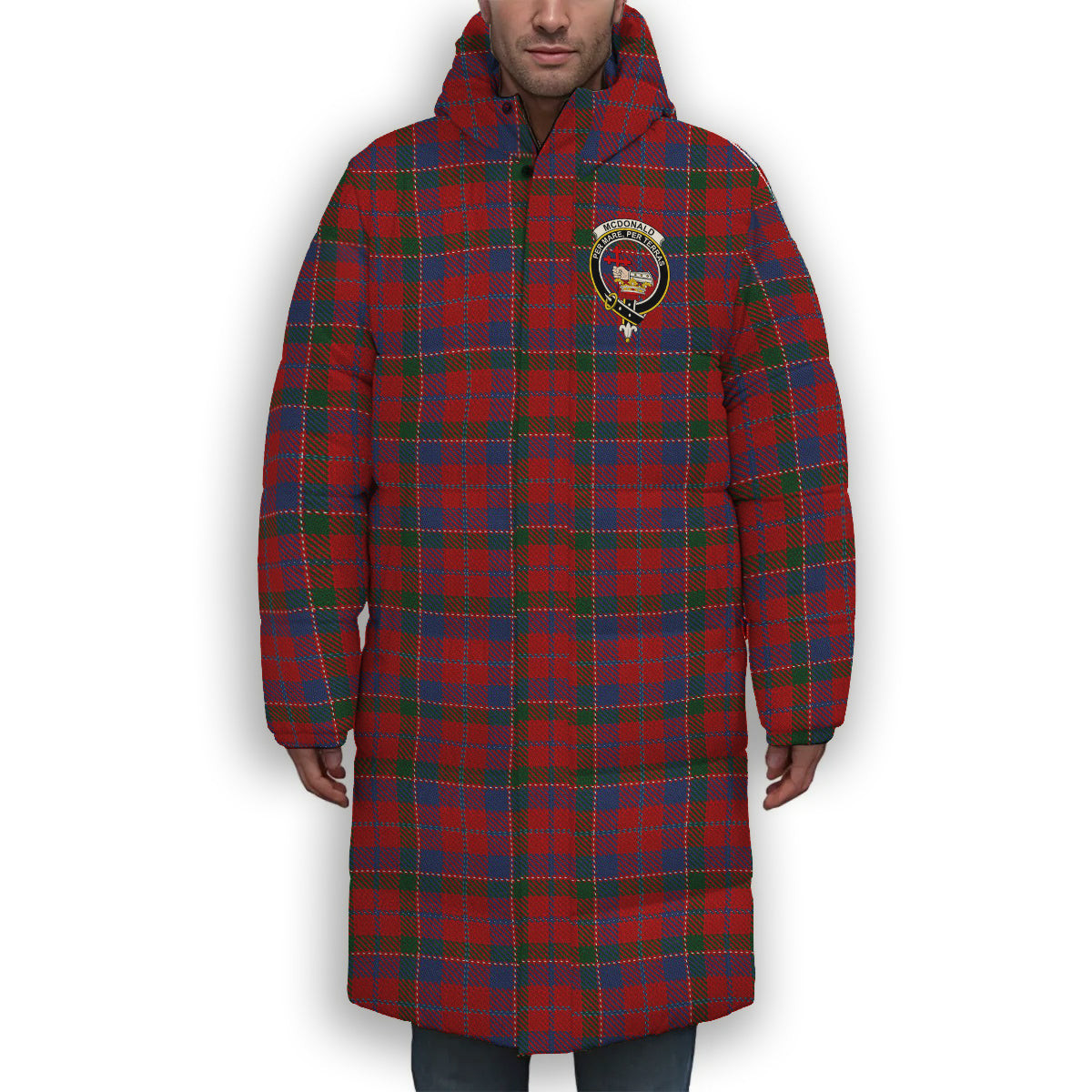 ScotsTee Shop Scottish McDonald of Glenaladale Crest Tartan Long Down Jacket Winter White Duck Down Plaid