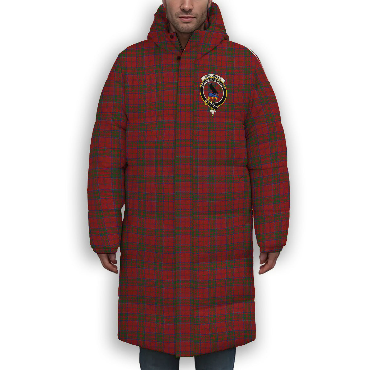 ScotsTee Shop Scottish McDonell of Keppoch Crest Tartan Long Down Jacket Winter White Duck Down Plaid