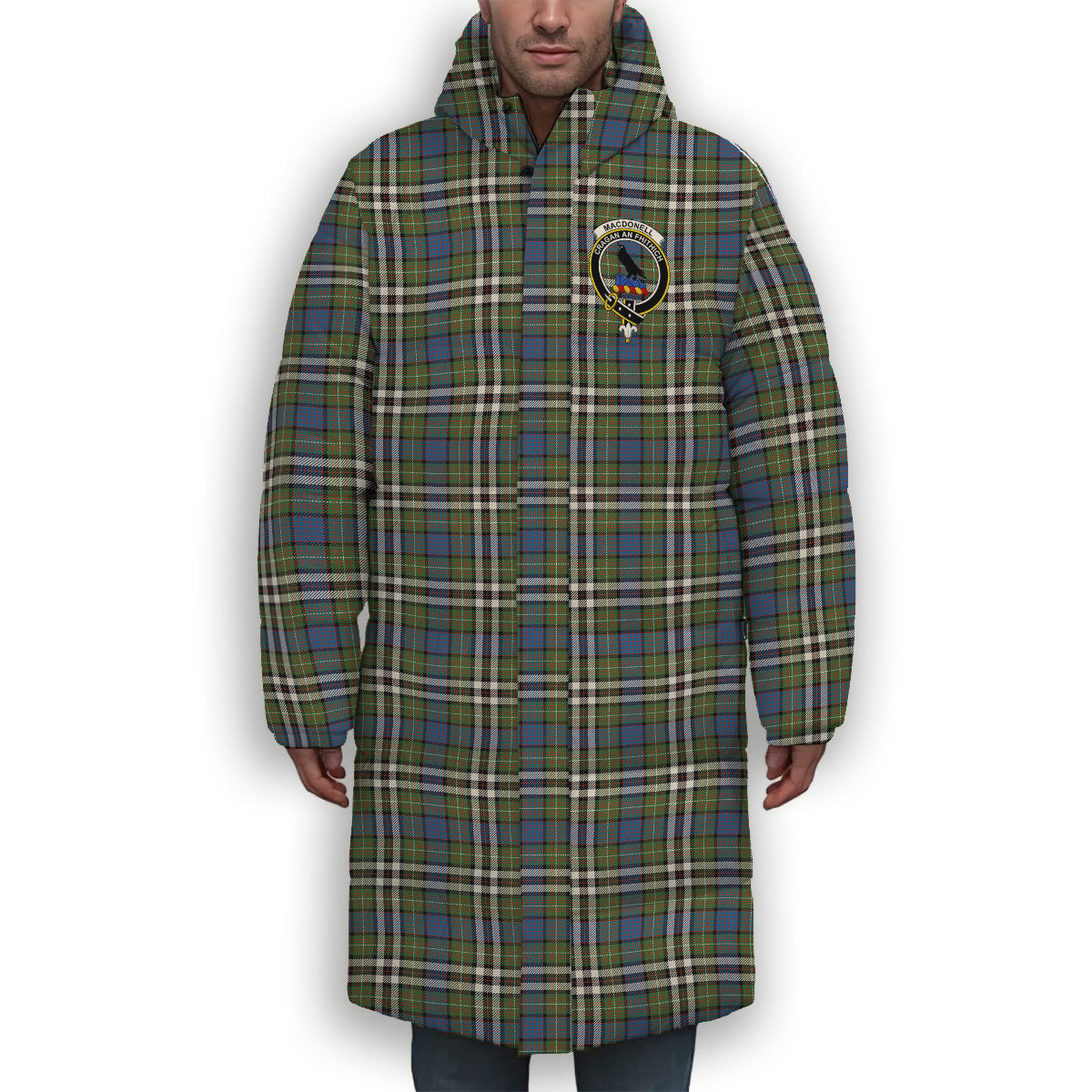 ScotsTee Shop Scottish MacDonell of Glengarry Dress Ancient Crest Tartan Long Down Jacket Winter White Duck Down Plaid