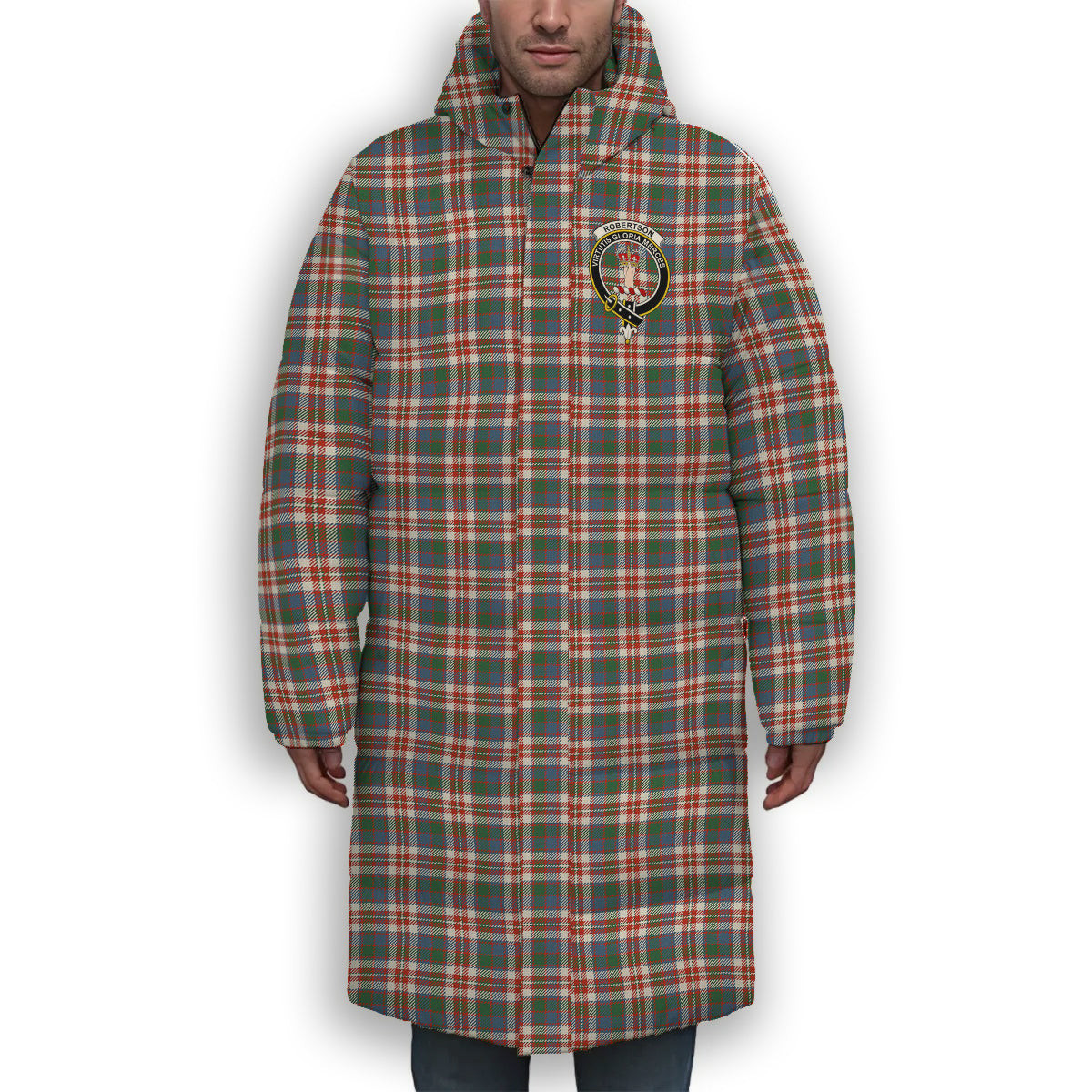 ScotsTee Shop Scottish Robertson Dress #2 Ancient Crest Tartan Long Down Jacket Winter White Duck Down Plaid