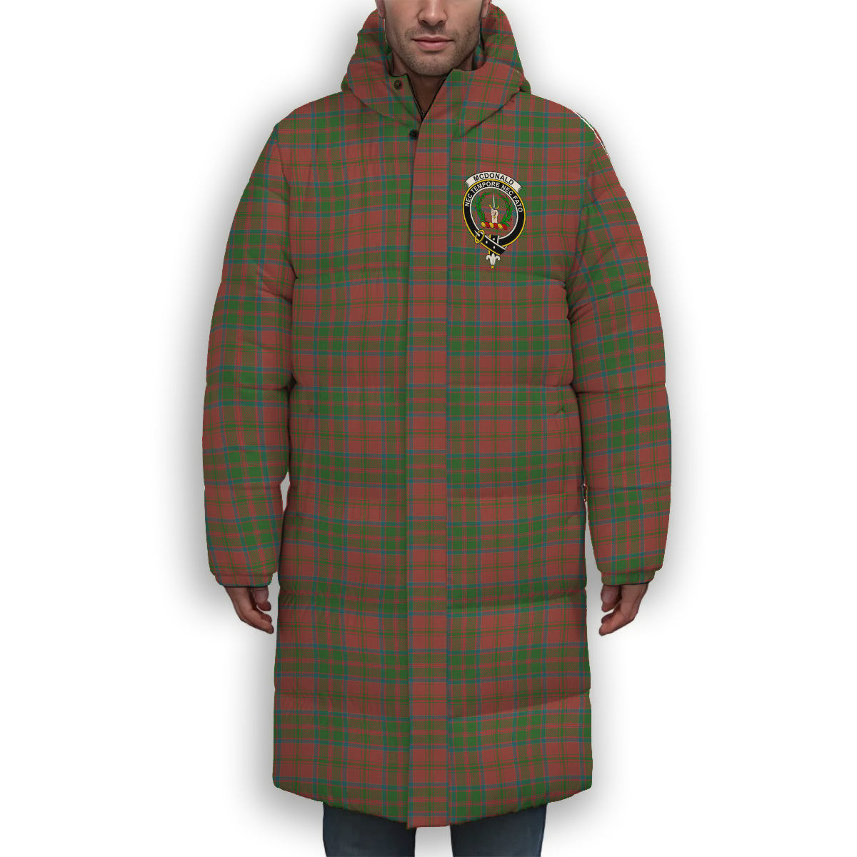 ScotsTee Shop Scottish McDonald of Glencoe Ancient Crest Tartan Long Down Jacket Winter White Duck Down Plaid