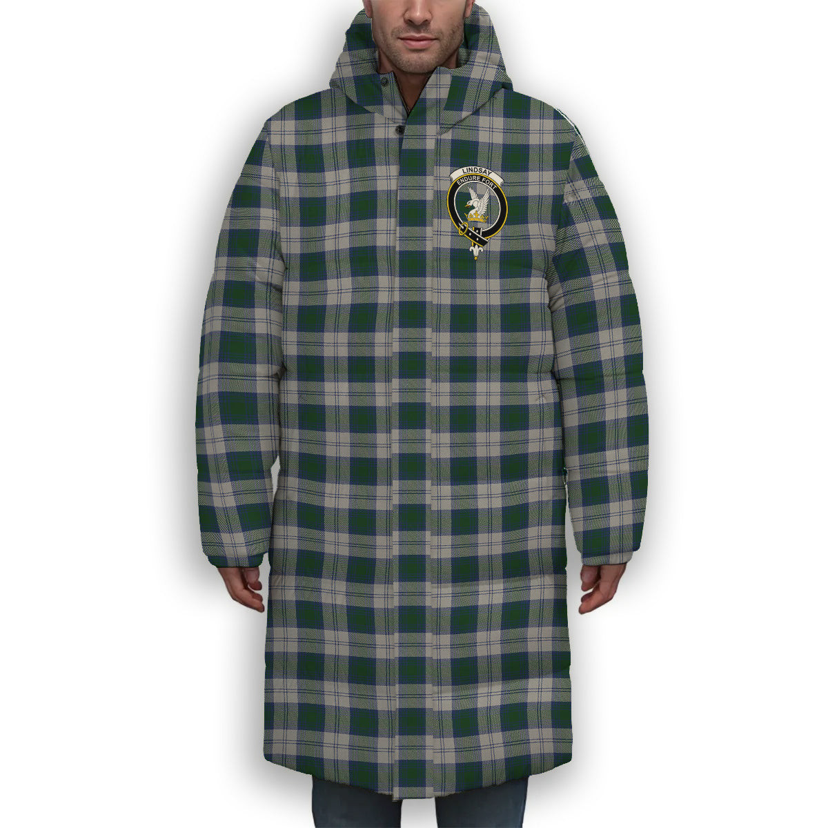 ScotsTee Shop Scottish Lindsay Dress Crest Tartan Long Down Jacket Winter White Duck Down Plaid