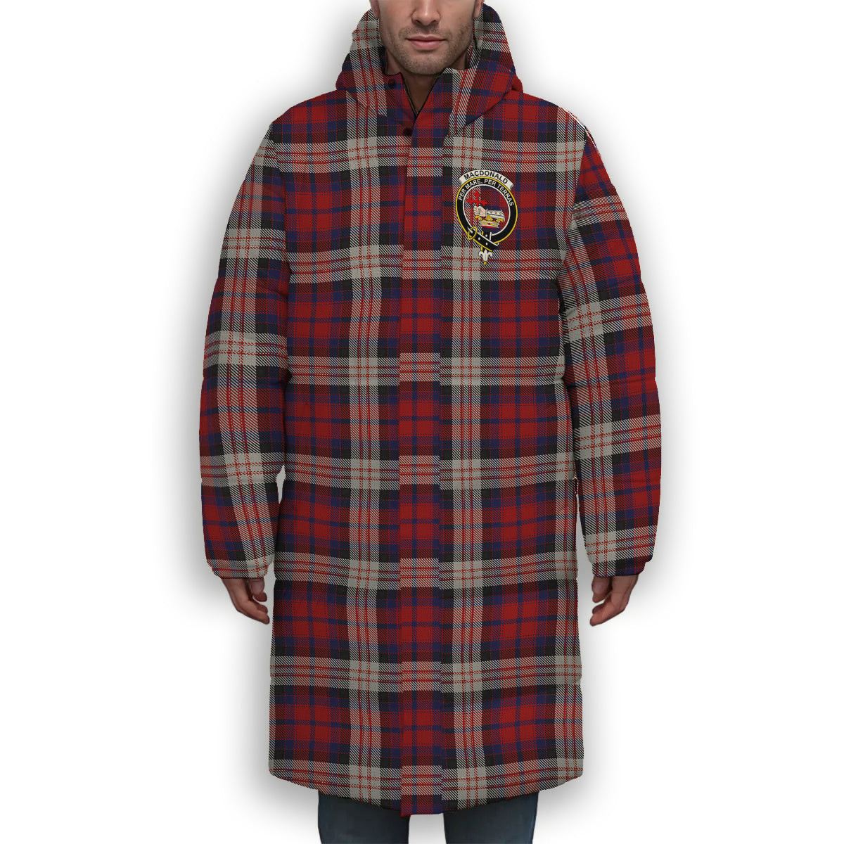 ScotsTee Shop Scottish MacDonald Dress Irish Crest Tartan Long Down Jacket Winter White Duck Down Plaid