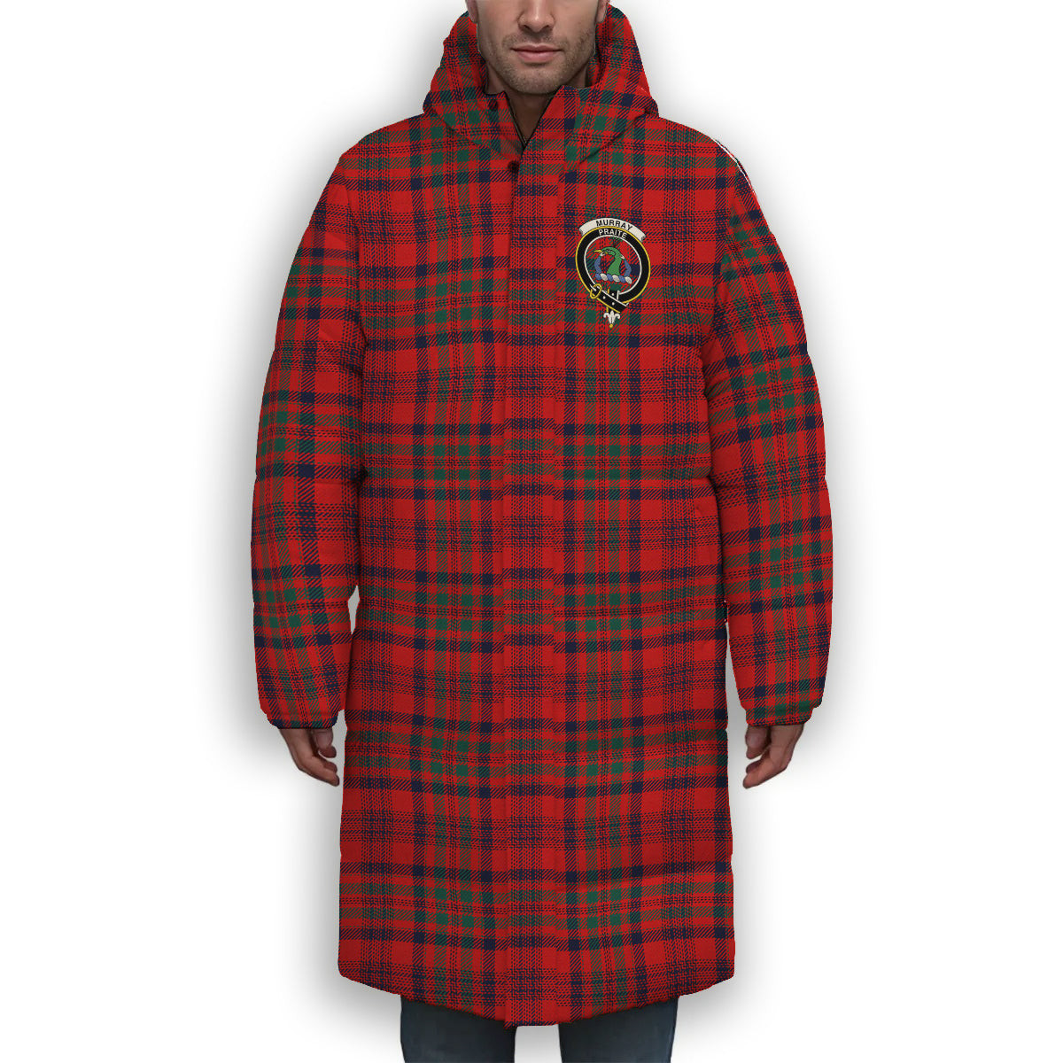 ScotsTee Shop Scottish Murray of Tullibardine Modern Crest Tartan Long Down Jacket Winter White Duck Down Plaid