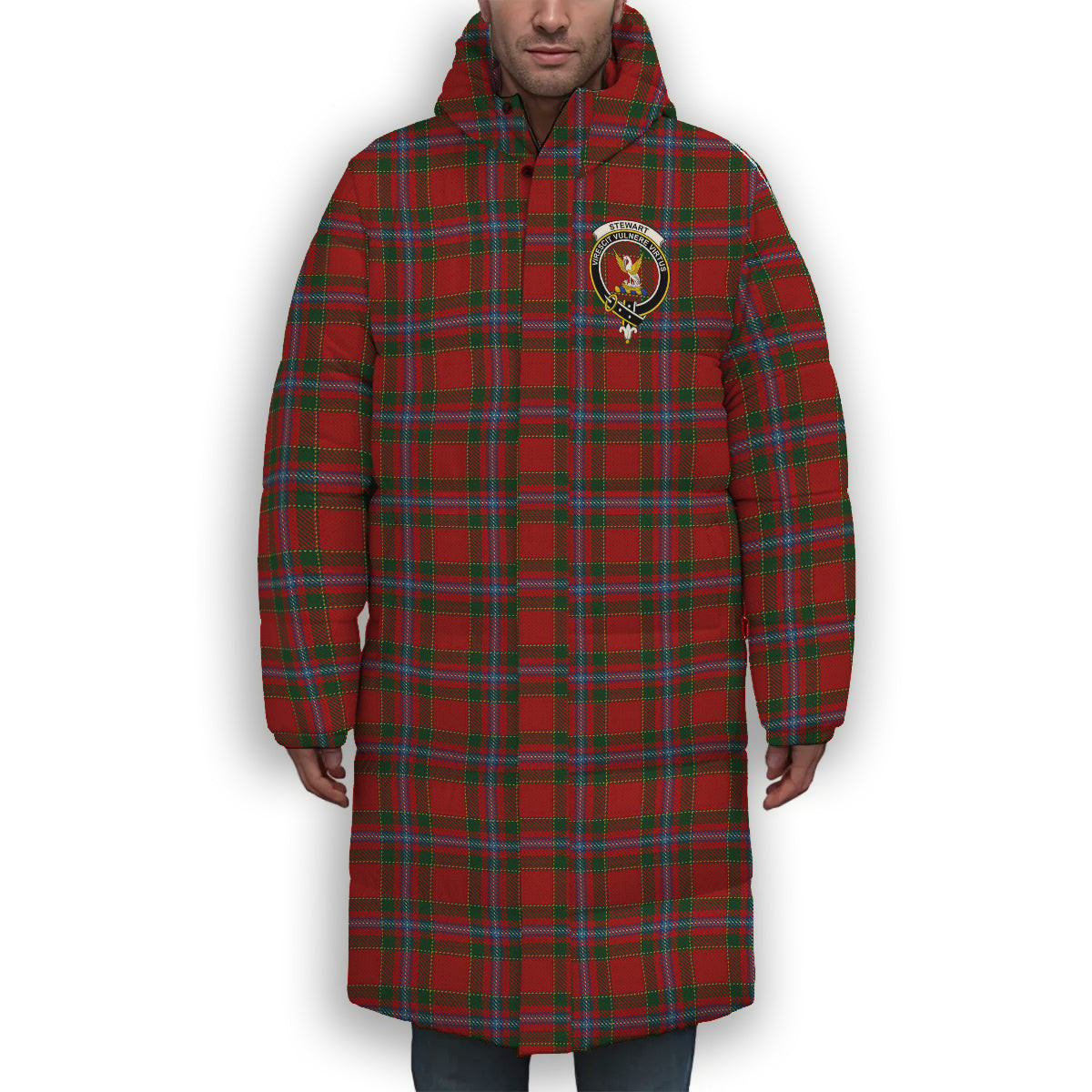 ScotsTee Shop Scottish Stewart of Fingask 1 Crest Tartan Long Down Jacket Winter White Duck Down Plaid