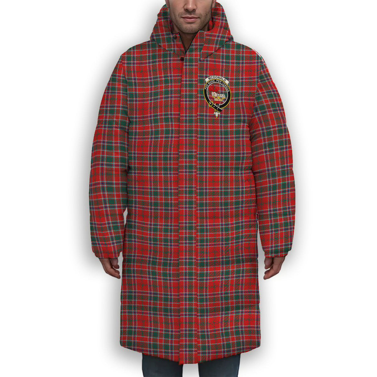 ScotsTee Shop Scottish McDonald of Lochmaddy Modern Crest Tartan Long Down Jacket Winter White Duck Down Plaid