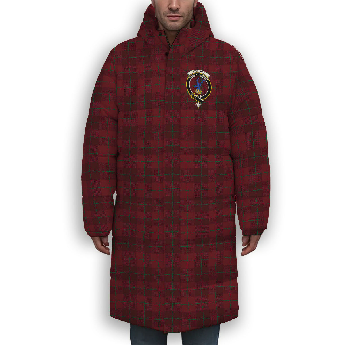 ScotsTee Shop Scottish Stirling of Keir Crest Tartan Long Down Jacket Winter White Duck Down Plaid