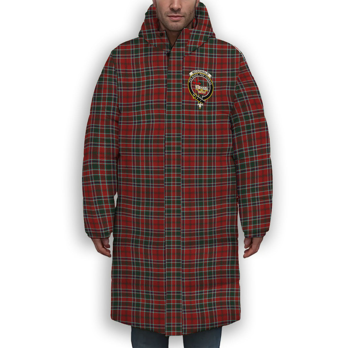 ScotsTee Shop Scottish McDonald of Lochmaddy Crest Tartan Long Down Jacket Winter White Duck Down Plaid