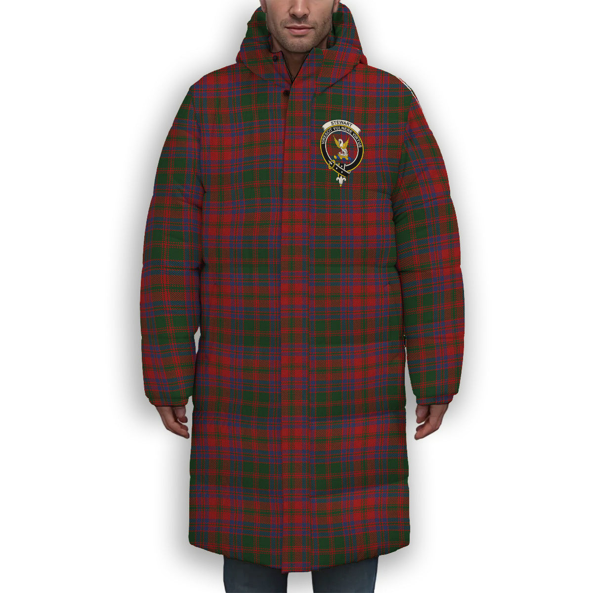 ScotsTee Shop Scottish Stewart of Urrard Crest Tartan Long Down Jacket Winter White Duck Down Plaid