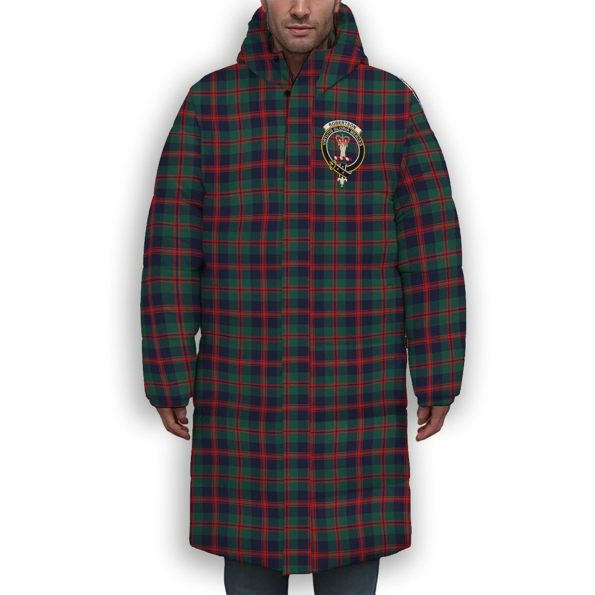 ScotsTee Shop Scottish Robertson of Struan Modern Crest Tartan Long Down Jacket Winter White Duck Down Plaid