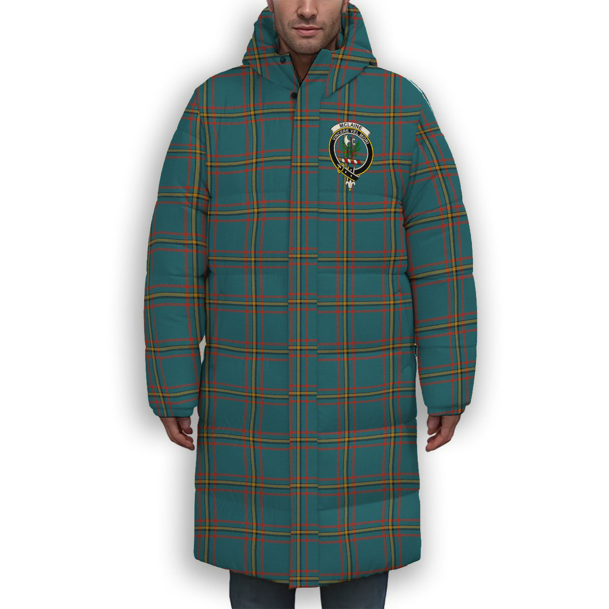 ScotsTee Shop Scottish McLaine of Lochbuie Hunting Ancient Crest Tartan Long Down Jacket Winter White Duck Down Plaid