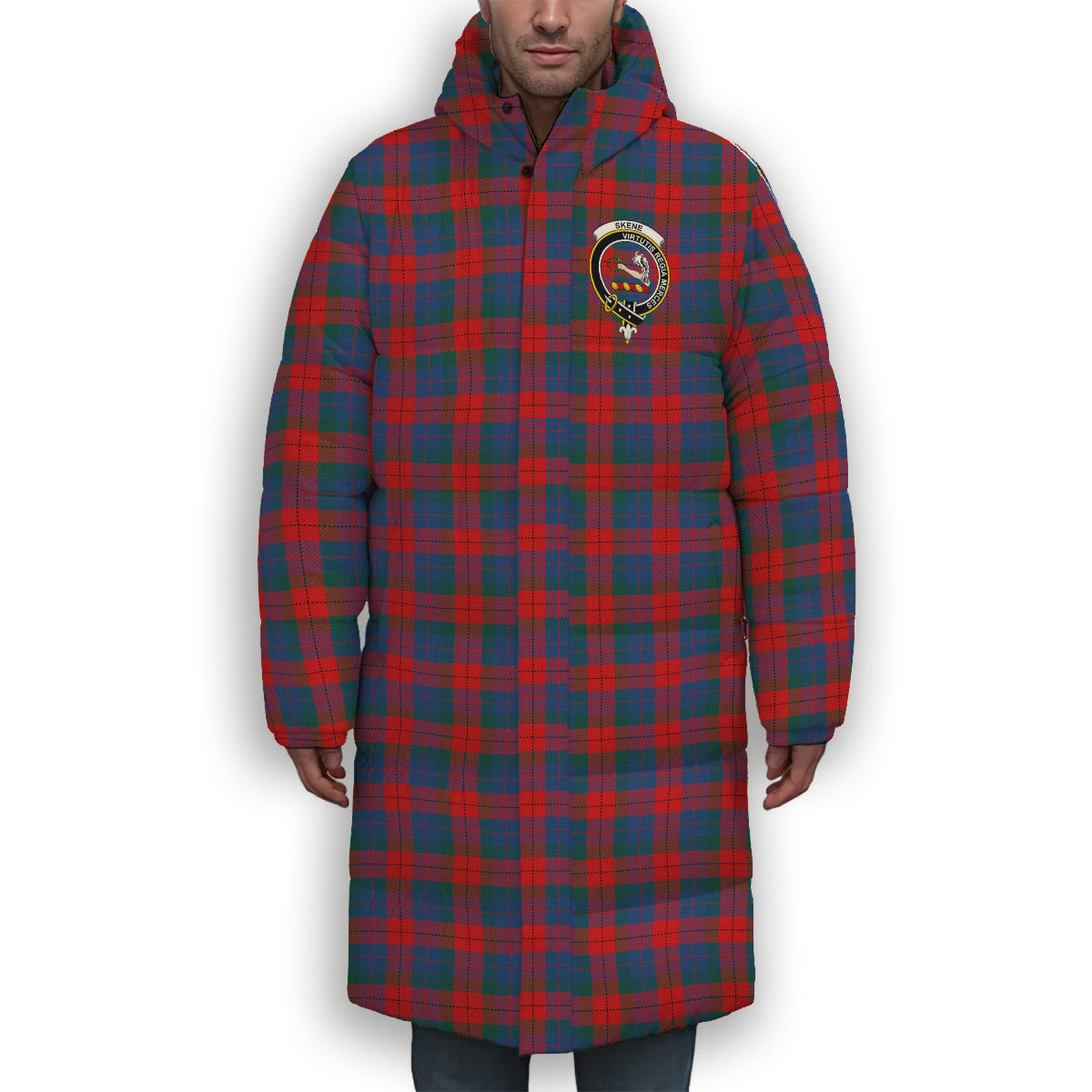 ScotsTee Shop Scottish Skene of Cromar Modern Crest Tartan Long Down Jacket Winter White Duck Down Plaid