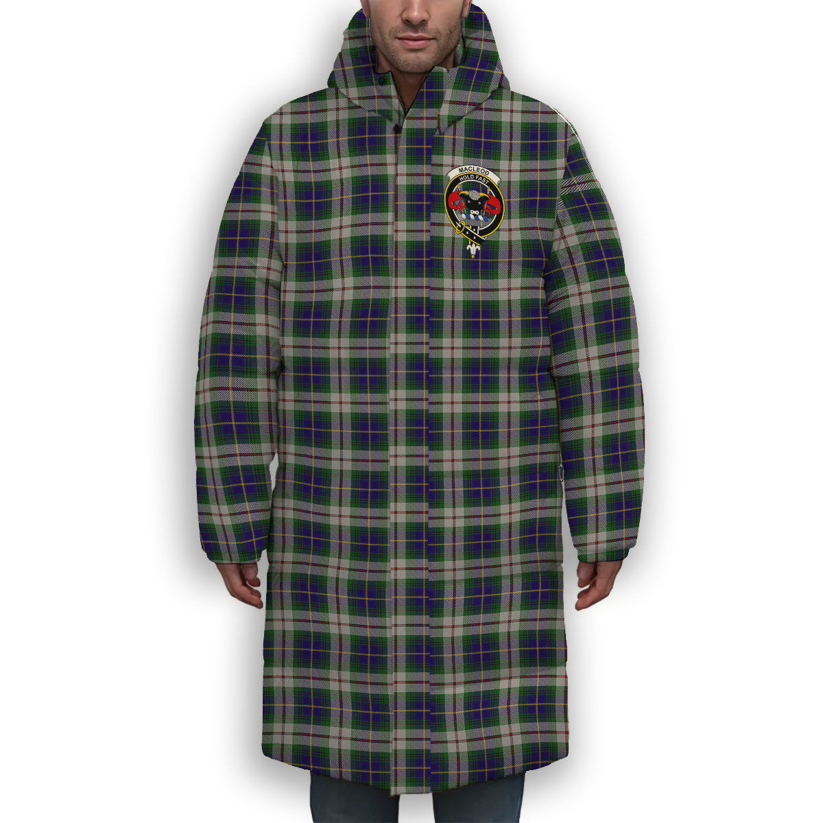 ScotsTee Shop Scottish MacLeod Of Californian Crest Tartan Long Down Jacket Winter White Duck Down Plaid
