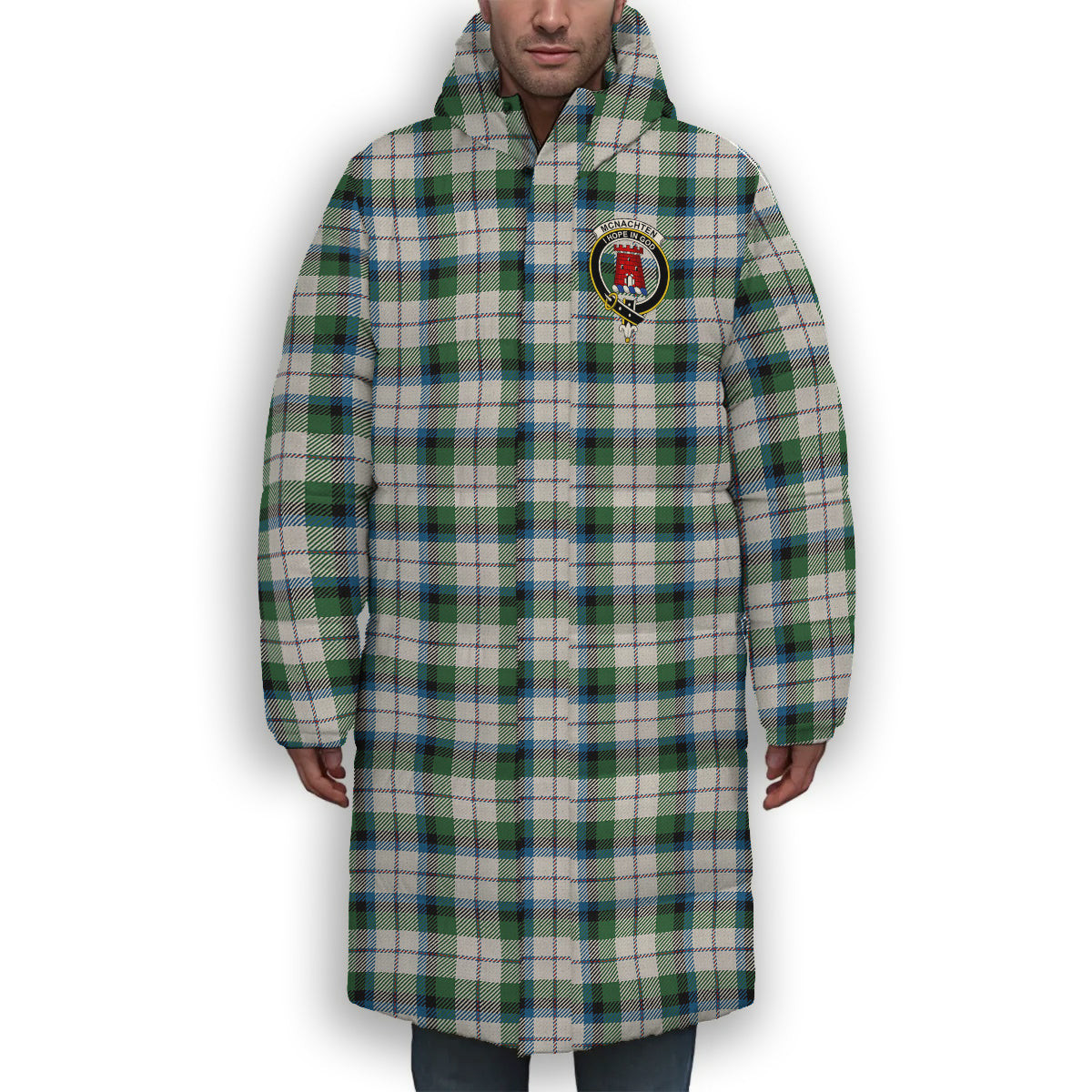ScotsTee Shop Scottish McNachten Dress Ancient Crest Tartan Long Down Jacket Winter White Duck Down Plaid