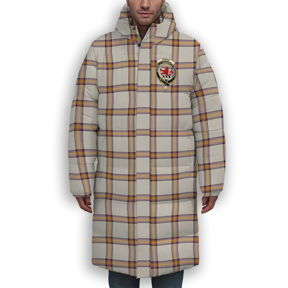 ScotsTee Shop Scottish Young Christina Modern Crest Tartan Long Down Jacket Winter White Duck Down Plaid