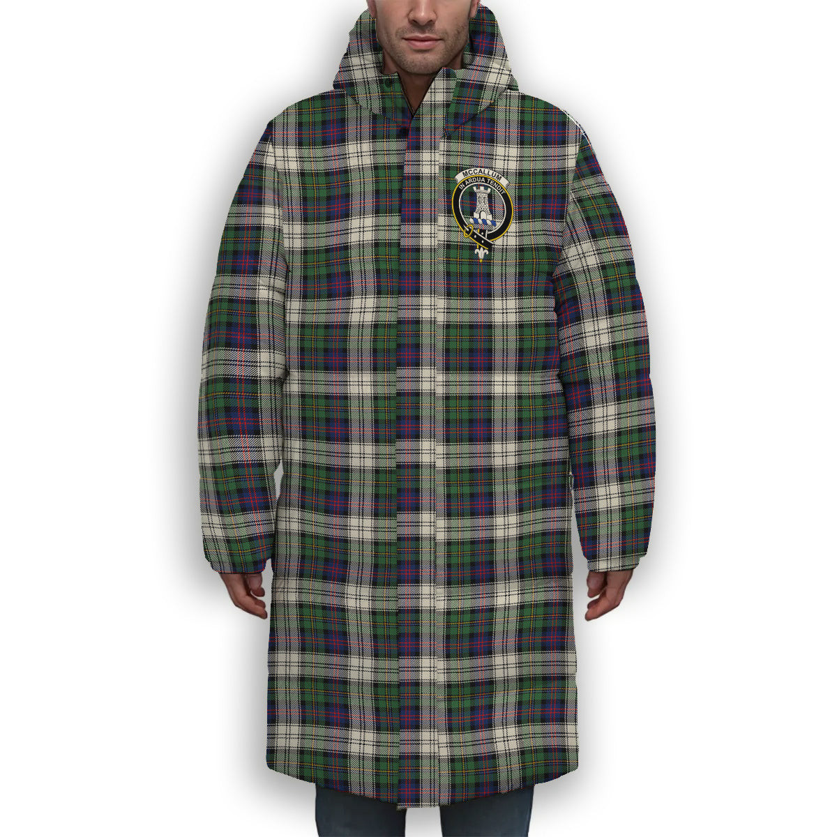 ScotsTee Shop Scottish McCallum Dress Modern Crest Tartan Long Down Jacket Winter White Duck Down Plaid