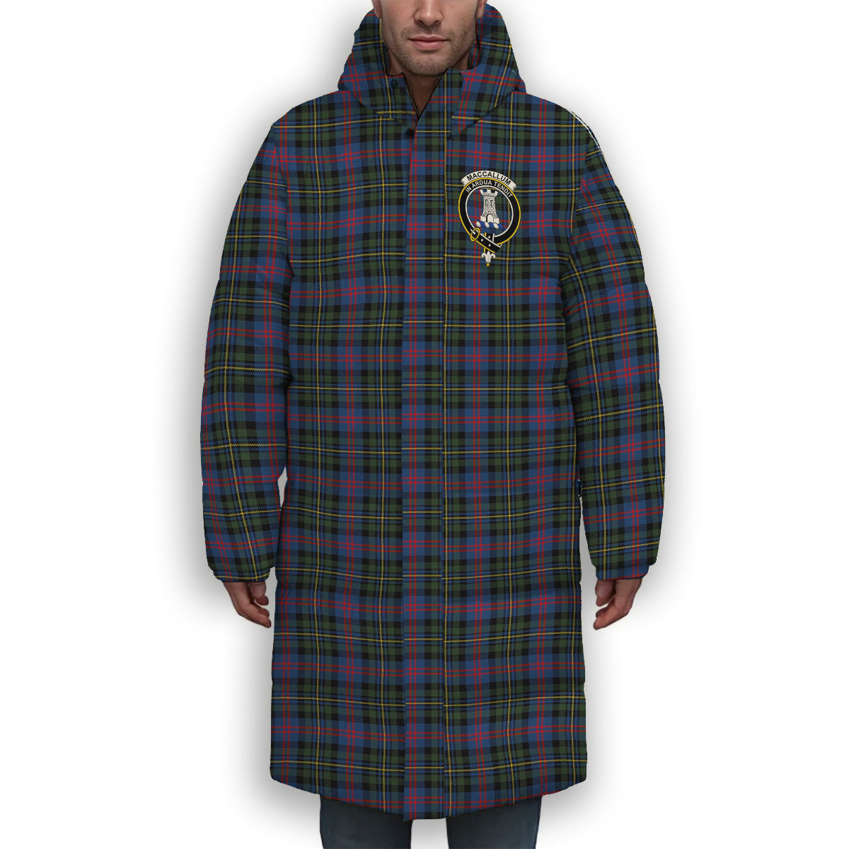 ScotsTee Shop Scottish MacCallum of Berwick Modern Crest Tartan Long Down Jacket Winter White Duck Down Plaid