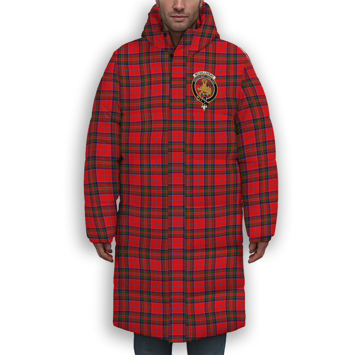 ScotsTee Shop Scottish McGillivray Modern Crest Tartan Long Down Jacket Winter White Duck Down Plaid