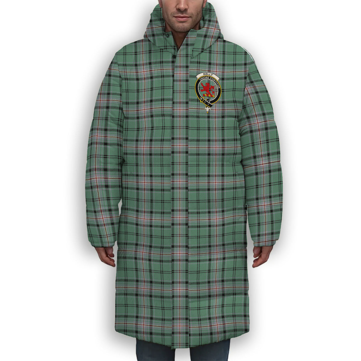 ScotsTee Shop Scottish Kelly of Sleat Hunting Ancient Crest Tartan Long Down Jacket Winter White Duck Down Plaid