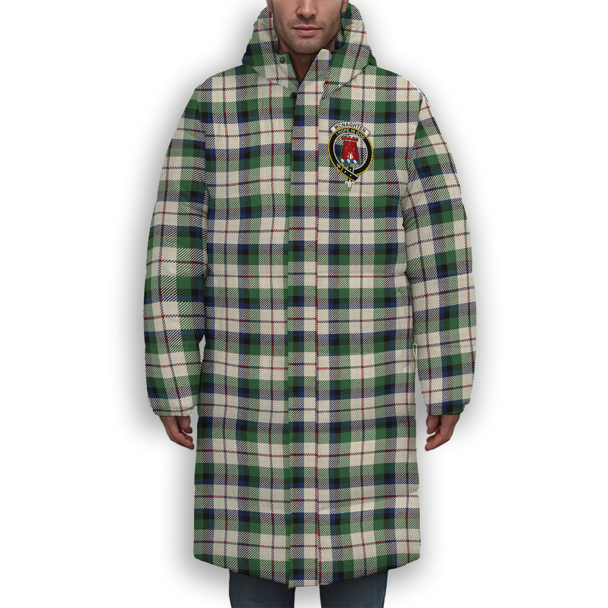 ScotsTee Shop Scottish Mcnaghten Dress Modern Crest Tartan Long Down Jacket Winter White Duck Down Plaid