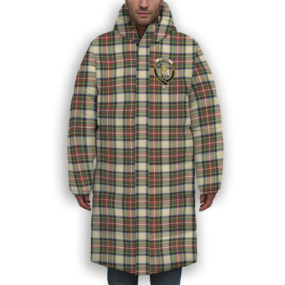 ScotsTee Shop Scottish Stewart Dress Modern SC Crest Tartan Long Down Jacket Winter White Duck Down Plaid