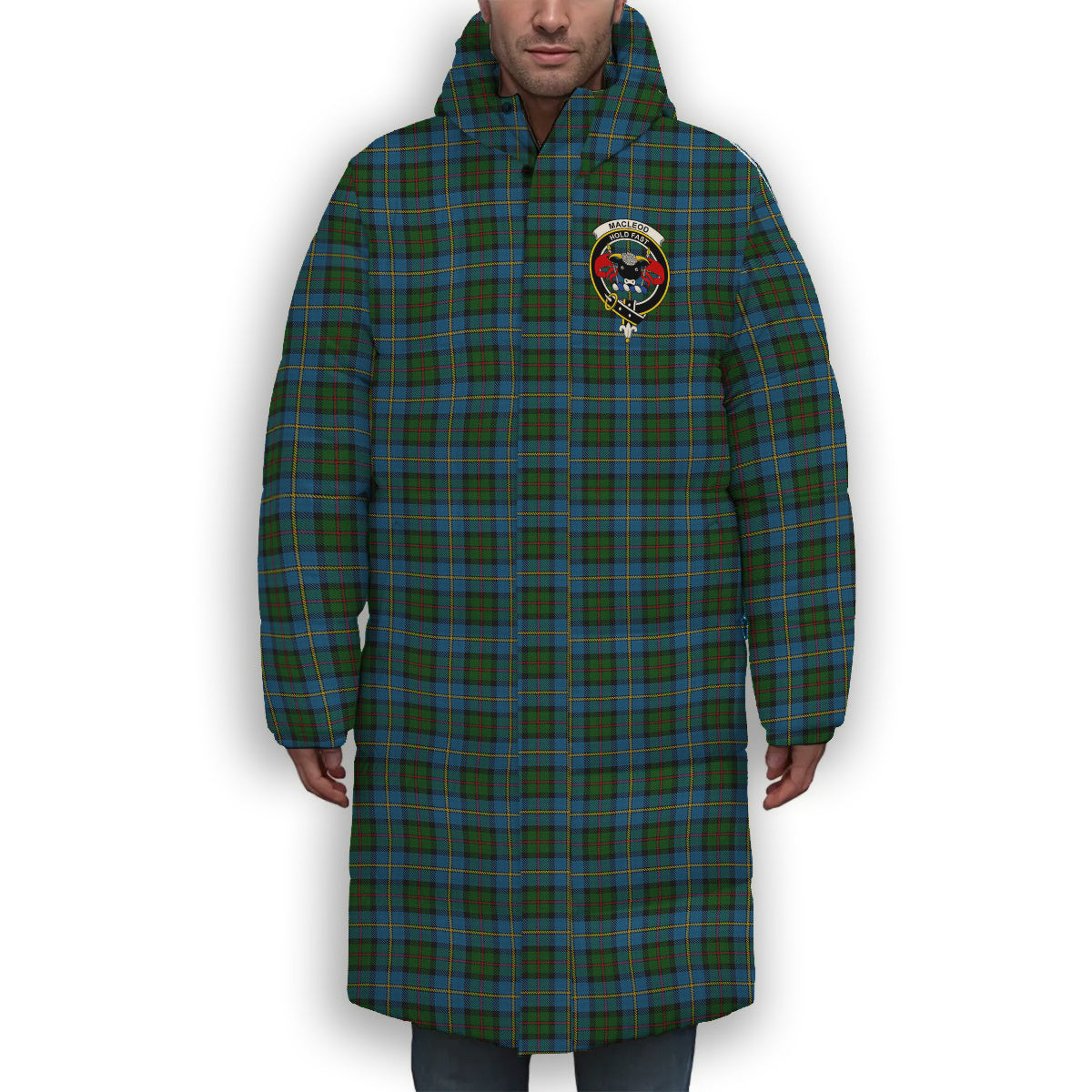 ScotsTee Shop Scottish MacLeod Green Crest Tartan Long Down Jacket Winter White Duck Down Plaid