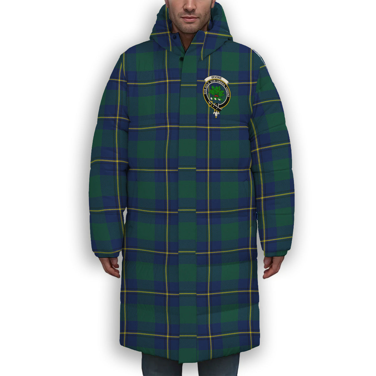 ScotsTee Shop Scottish Irvine of Bonshaw Modern Crest Tartan Long Down Jacket Winter White Duck Down Plaid