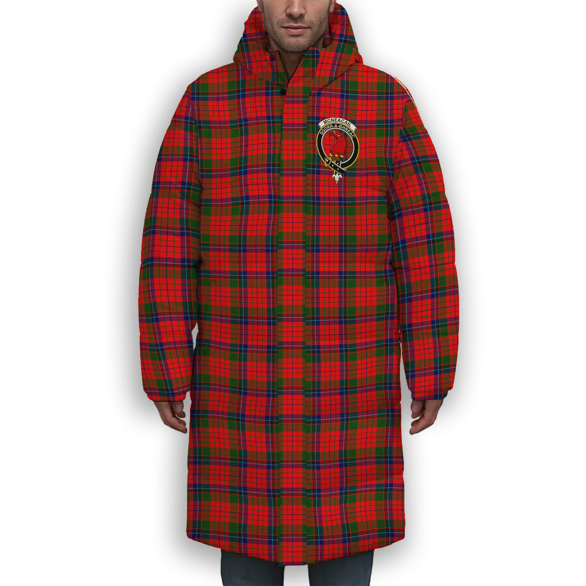 ScotsTee Shop Scottish McNeacail of Scorrybreac Crest Tartan Long Down Jacket Winter White Duck Down Plaid