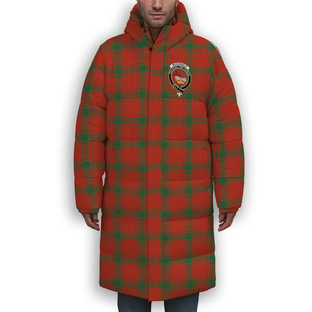 ScotsTee Shop Scottish McDonald of Sleat Ancient Crest Tartan Long Down Jacket Winter White Duck Down Plaid